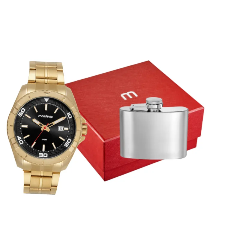 Kit Relógio Masculino Dourado Casual Com Cantil