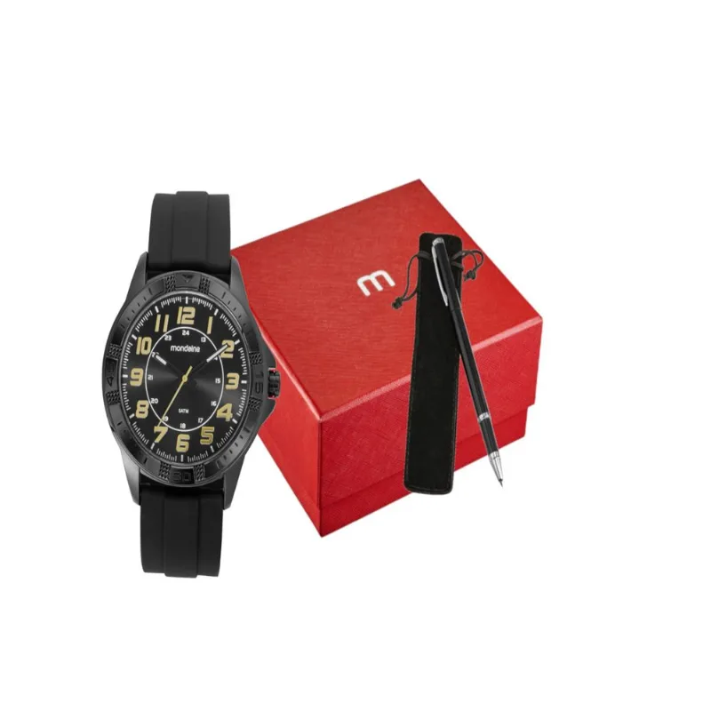 Kit Relógio Masculino Esportivo Silicone Preto Com Caneta