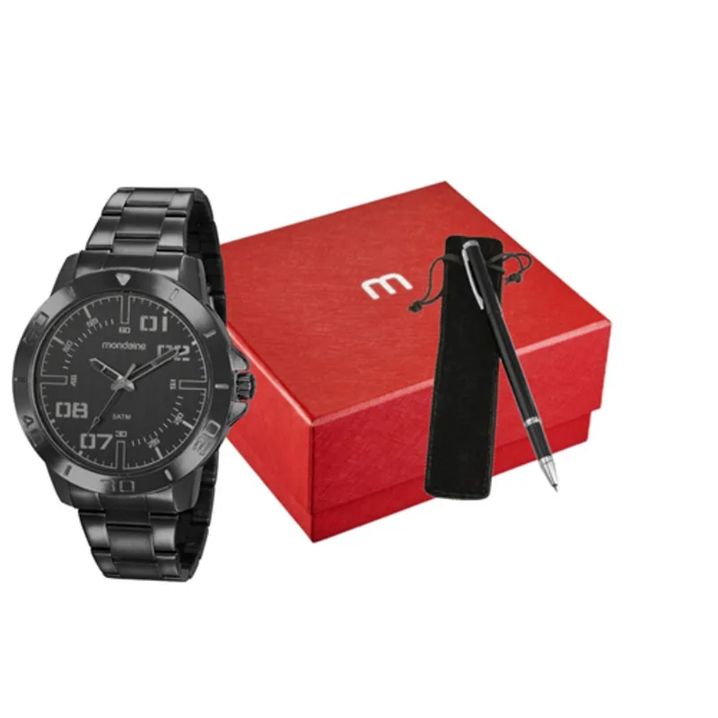 Kit Relógio Masculino Casual Preto Com Caneta