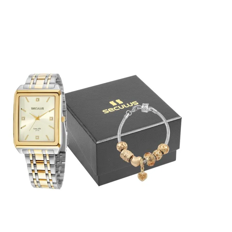 Kit Relógio Feminino Quadrado Bicolor Com Pulseira Berloques