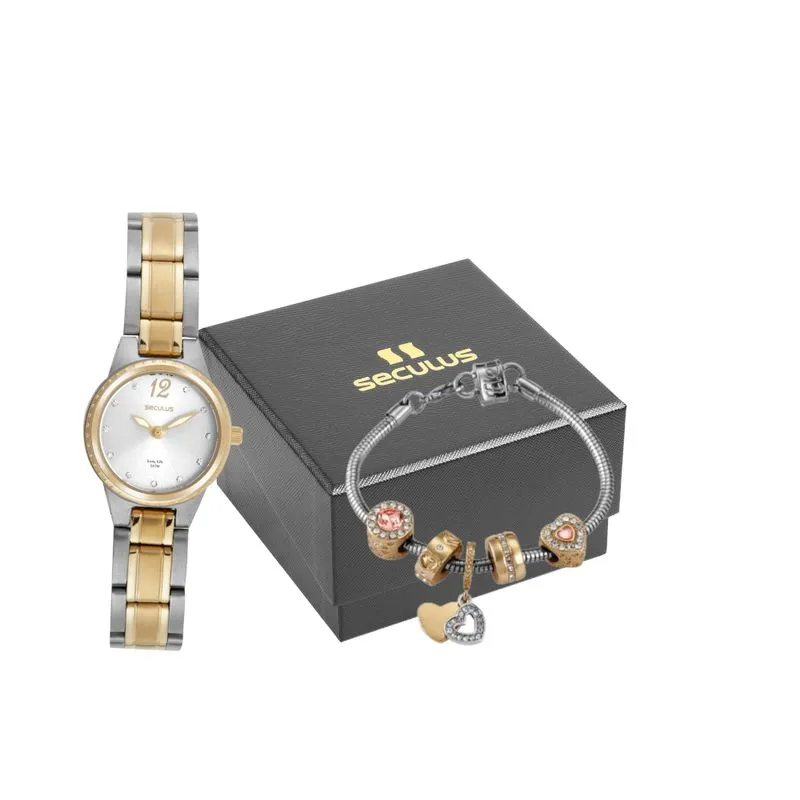 Kit Relógio Feminino Clássico Cristais Bicolor Com Pulseira Berloques