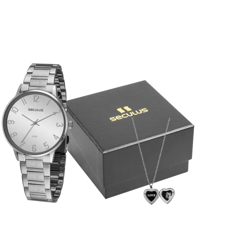 Kit Relógio Feminino Espelhado Prata Com Colar Relicário