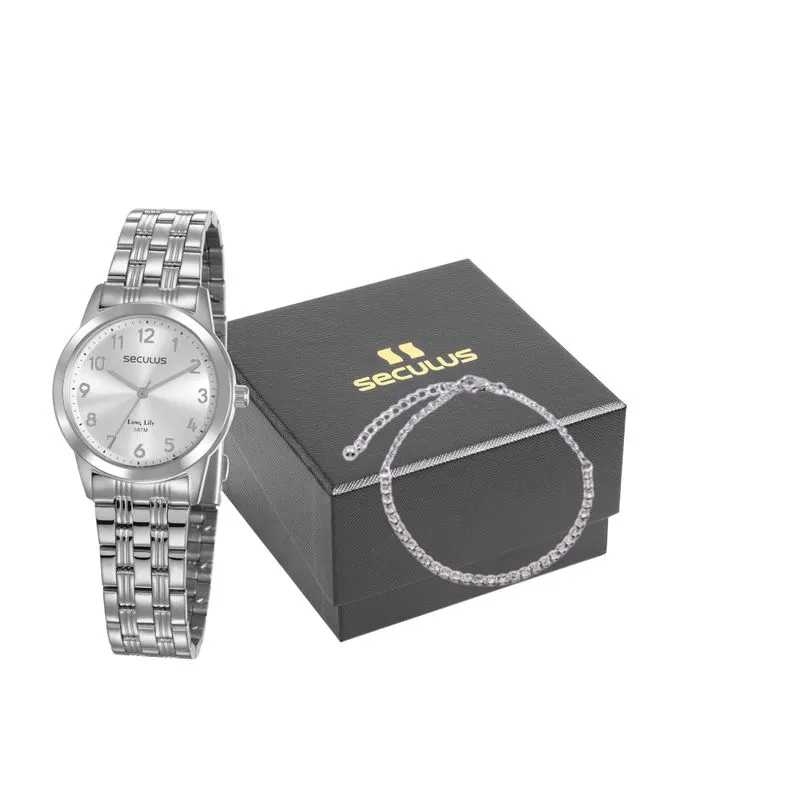 Kit Relógio Feminino Casual Prata Com Pulseira Pedras