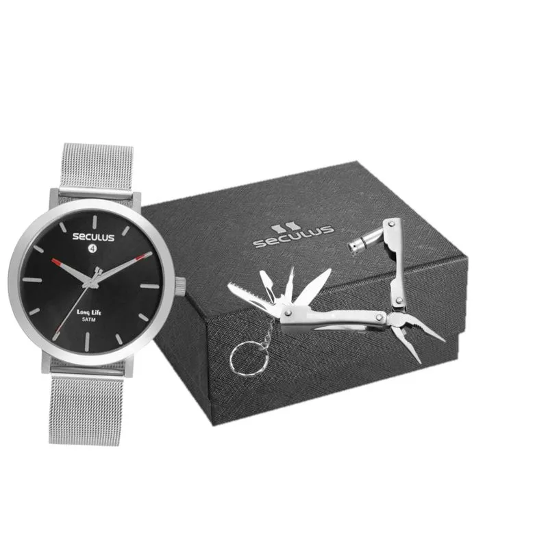 Kit Relógio Masculino Malha de Aço Prata Com Chaveiro Multifunção