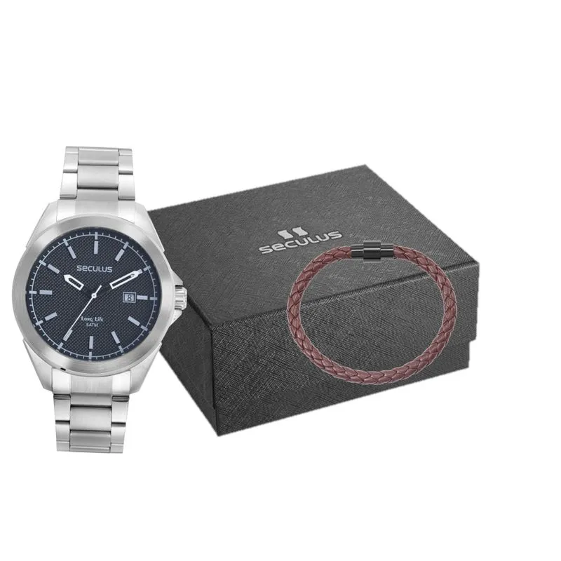Kit Relógio Masculino Aço Prata Com Pulseira Trançada