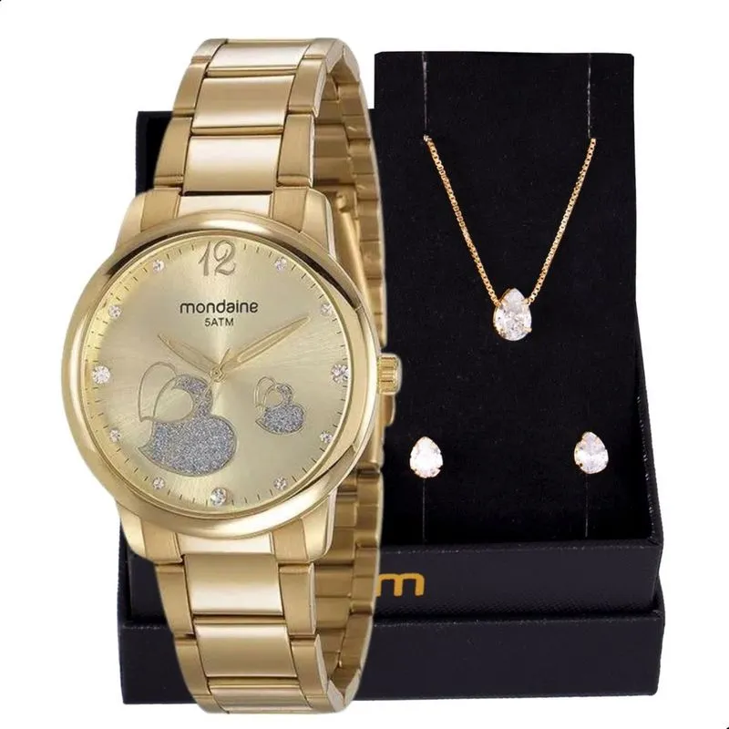 Relógio de Pulso Feminino Mondaine Dourado Prova D'Água 53627LPMVDE1K4 + Colar e Brincos
