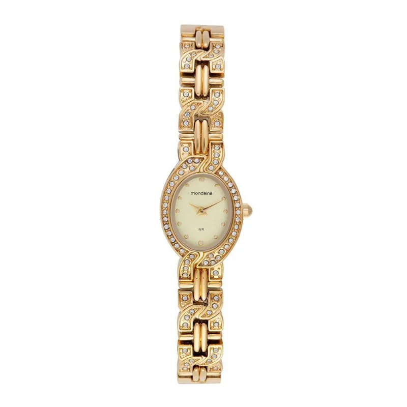 Relógio Feminino Oval Cristais em Metal com Diferencial Dourado Mondaine