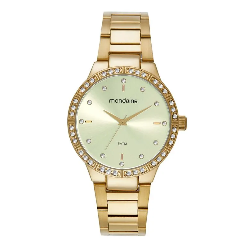 Kit Relógio Feminino Cristais Dourado Com Pulseira de Pedras