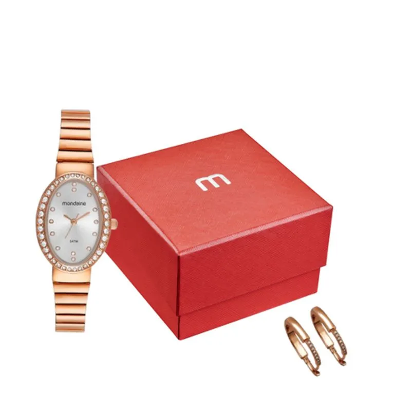 Kit Relógio Feminino Oval Rosé Com Brinco