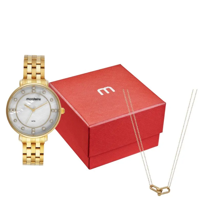 Kit Relógio Feminino Madrepérola Dourado Com Colar Corrente