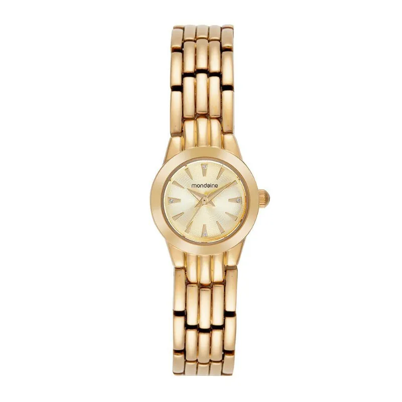 Relógio Feminino Caixa Pequena com Cristais Clássico Metal Dourado Mondaine
