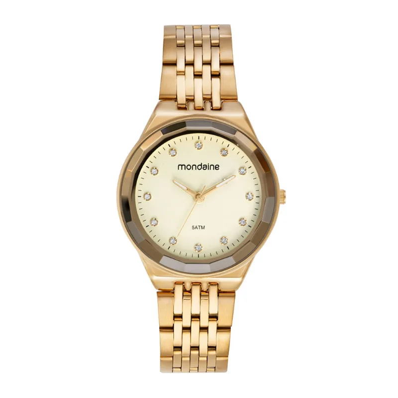 Relógio Feminino Dourado Caixa Média e Vidro Facetado