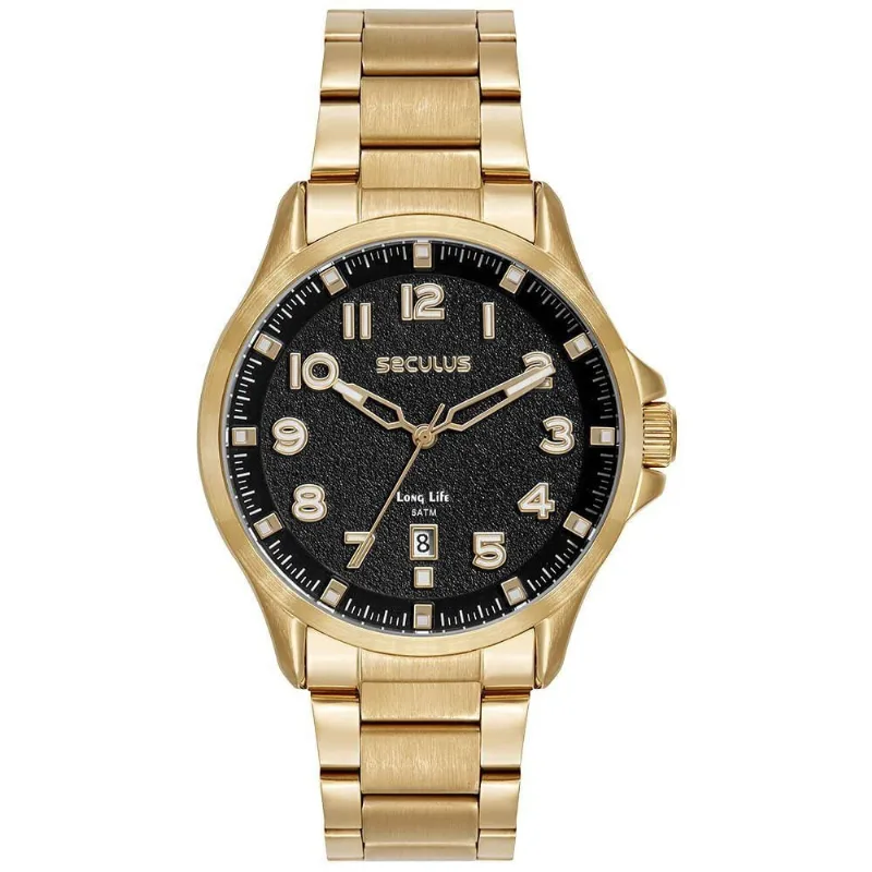 Relógio Masculino Mostrador 3d Dourado Analógico Aço Inox Séculus