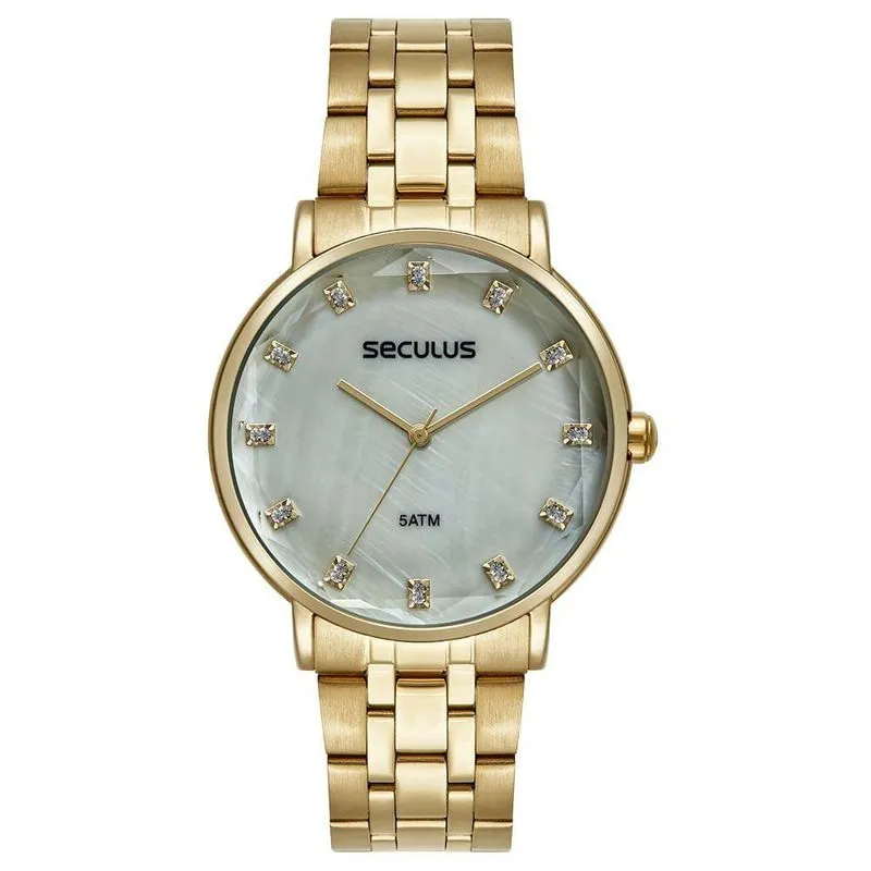 Relógio Feminino Madrepérola e Cristais Analógico Aço Inox Dourado Séculus