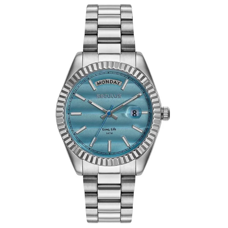 Relógio Feminino Catraca Facetada Clássico Aço Inox Mostrador Azul Séculus
