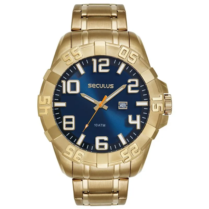 Relógio Masculino Robusto Aço Aro 3D Dourado