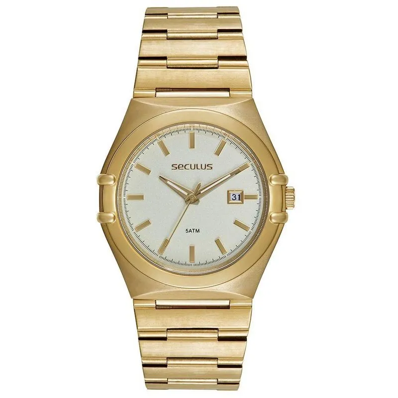 Relógio Masculino Social Aço Dourado Analógico em Aço Inox com Calendário Séculus