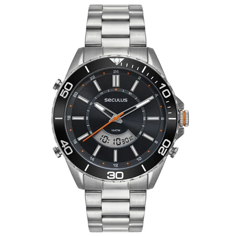 Relógio Masculino Catraca Giratória Analógico e Digital Aço Inox LED Prata Séculus 48MM