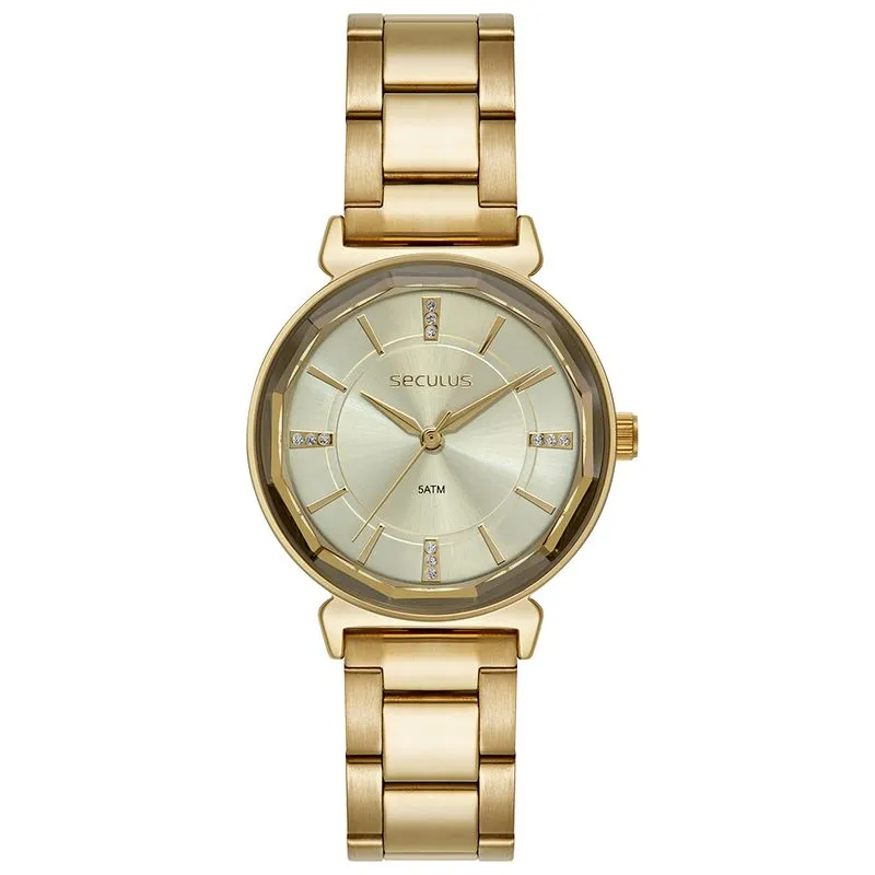 Relógio Feminino Dourado Vidro Facetado