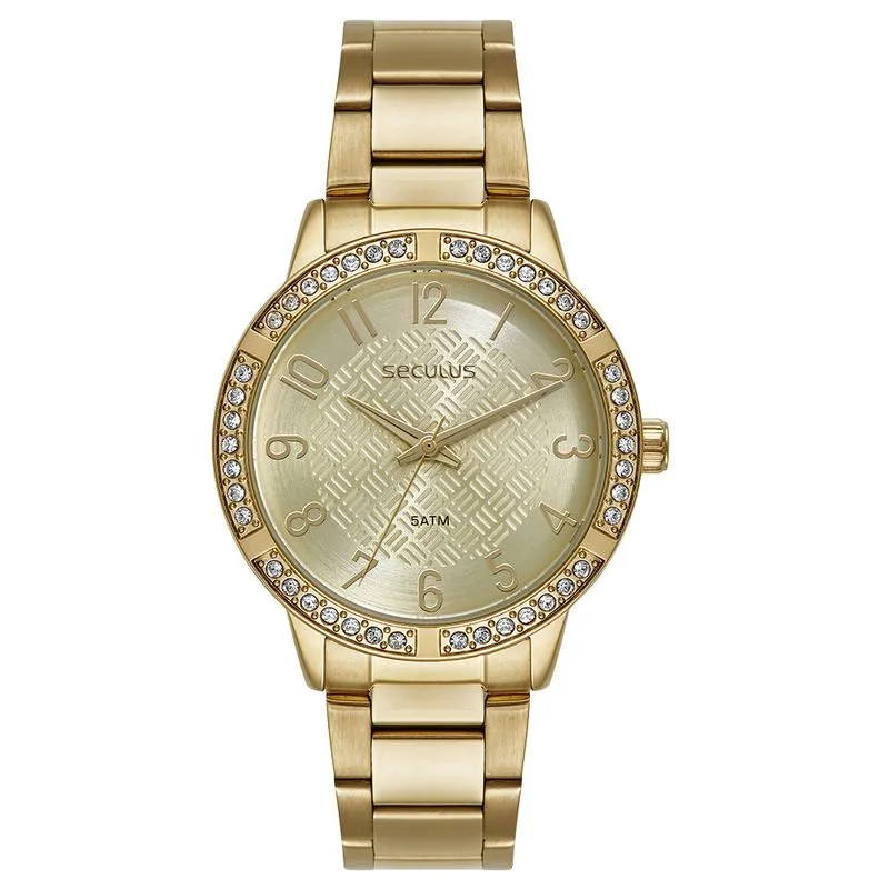 Relógio Feminino Dourado Cristais e Mostrador Texturizado