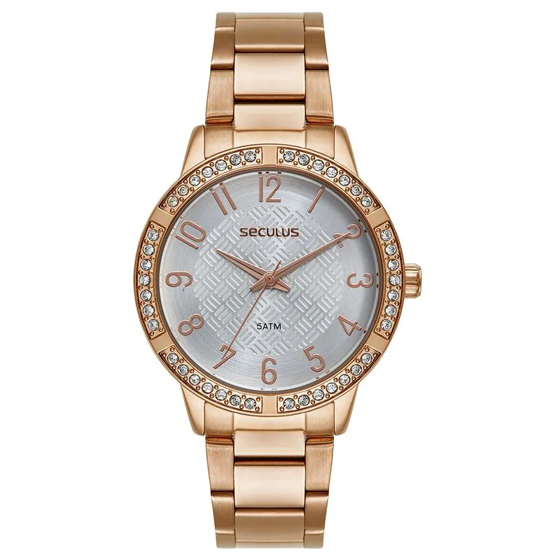 Relógio Feminino Rose Cristais e Mostrador Texturizado
