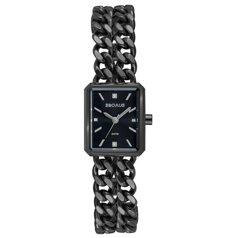 Relógio Feminino Quadrado Corrente Preto em Aço Inox com Cristais Séculus