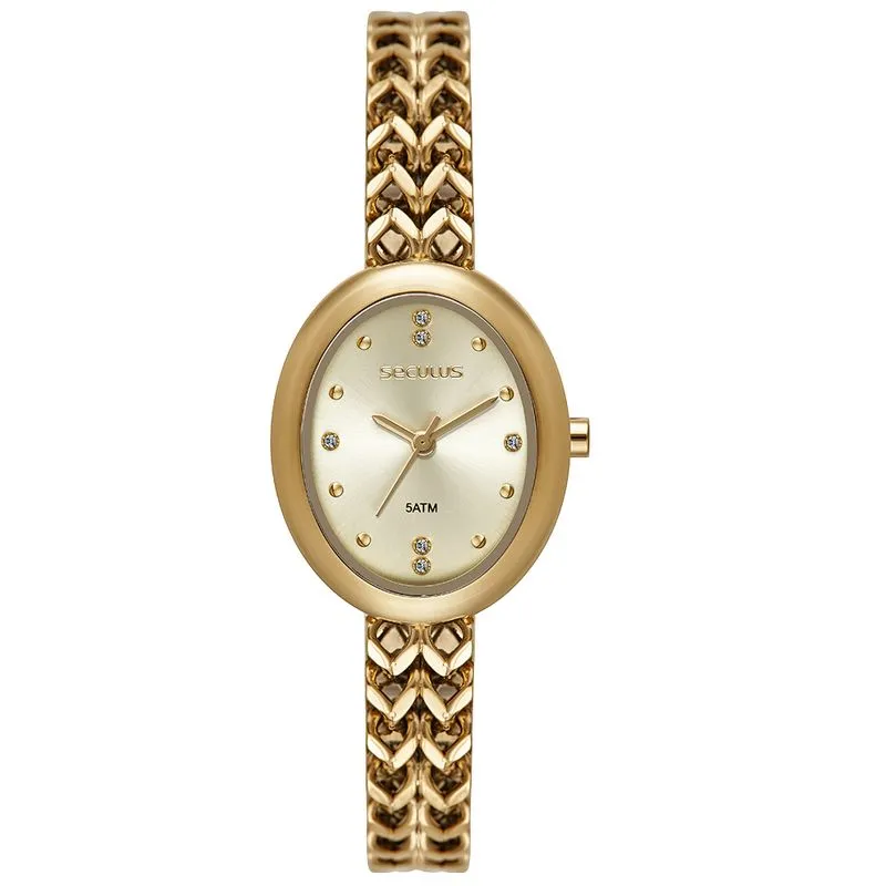 Relógio Feminino Oval Dourado Pulseira Corrente