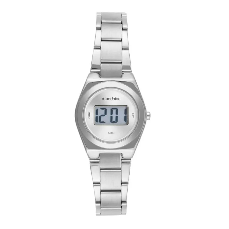 Relógio Feminino Clássico Digital Caixa Pequena Aço Inox LCD Prata Mondaine