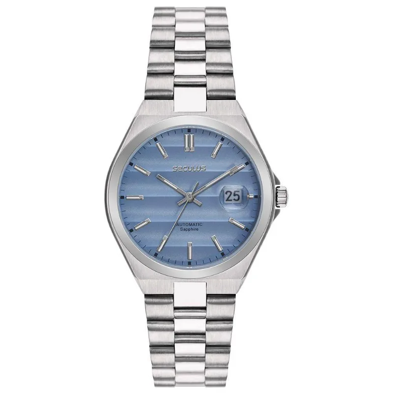 Relógio Masculino Automático Fundo Transparente Visor Azul em Aço Inox Séculus 40MM
