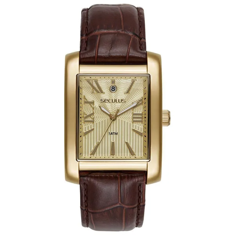 Relógio Masculino Analógico Quadrado Couro Croco Dourado Séculus