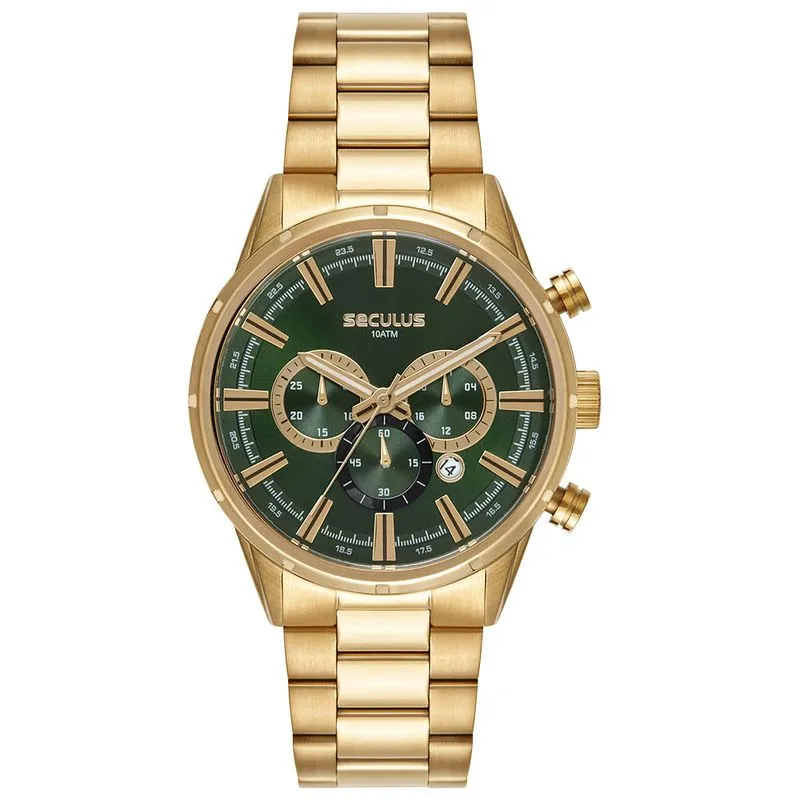 Relógio Masculino Dourado Cronógrafo Mostrador Verde