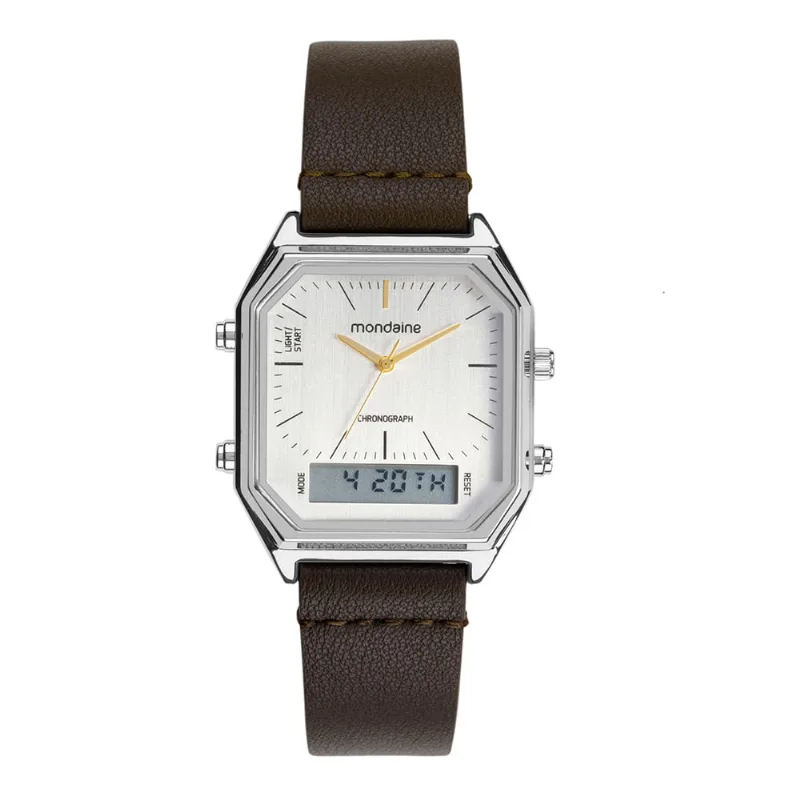 Relógio Masculino Prata Anadigi Couro Vintage Marrom
