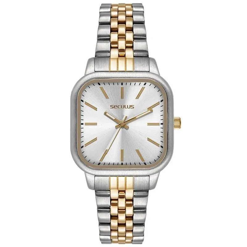 Relógio de Pulso Feminino Quadrado Bicolor Minimalista Analógico Aço Inox Prata Séculus