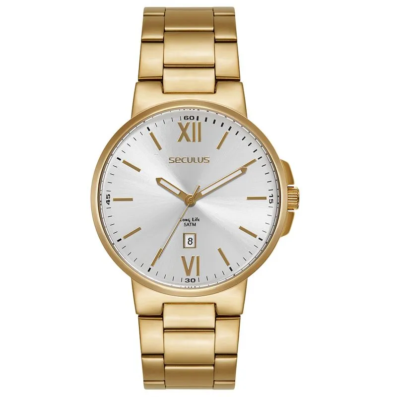 Relógio Masculino Dourado Aço Analógico com Caléndario