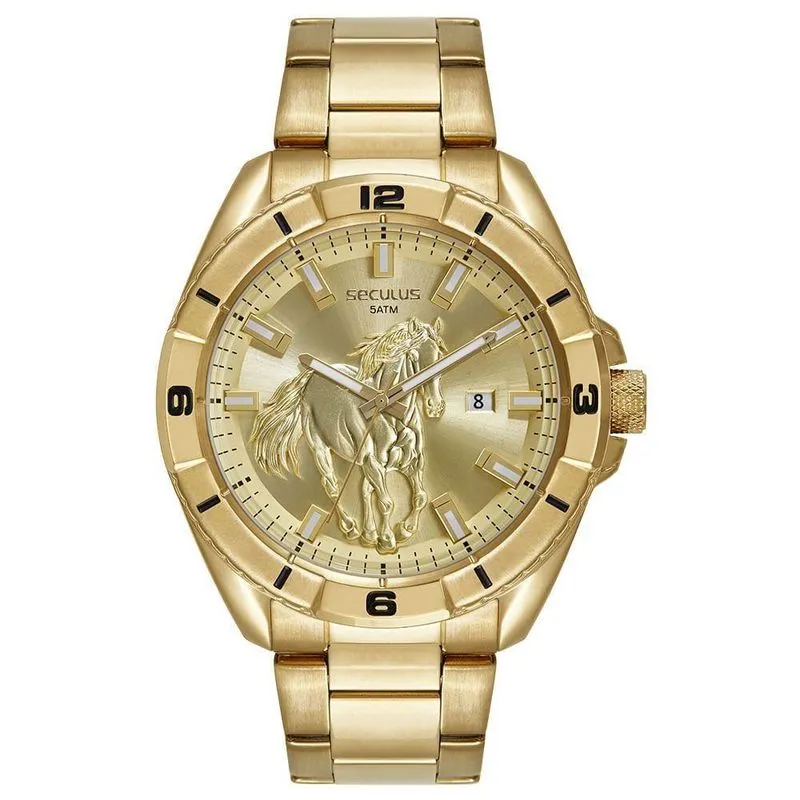 Relógio Masculino Aço Dourado Estilo Country Cronógrafo Aço Inox Mostrador com Relevo de Cavalo