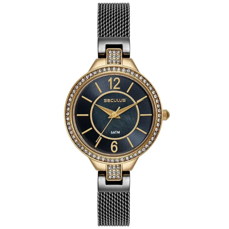Relógio Feminino Analógico Minimalista com Pulseira em Aço Inox Preto Séculus