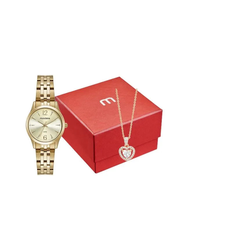 Kit Relógio Feminino Cristais Dourado Com Colar de Pedras