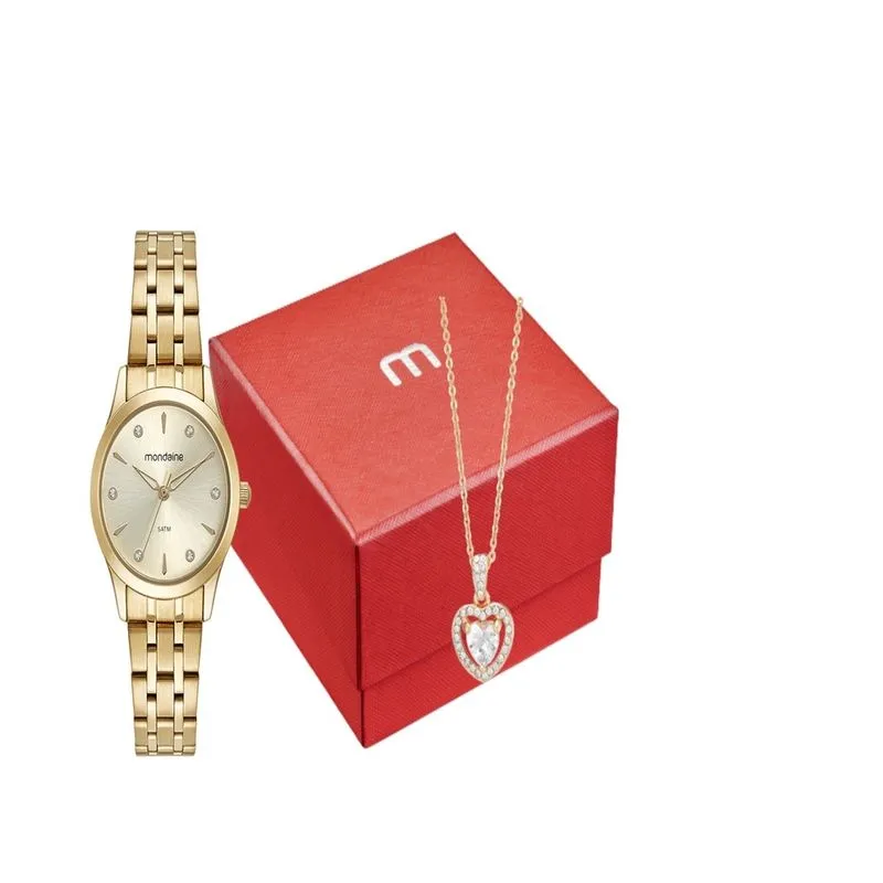 Kit Relógio Feminino Dourado Com Colar de Pedras