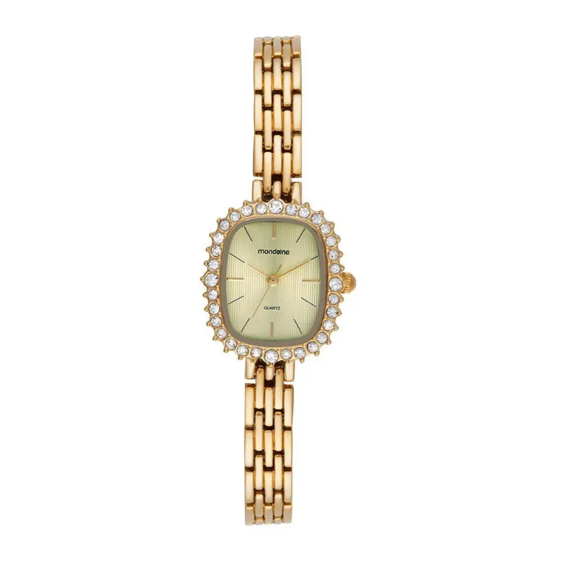 Relógio Feminino Quadrado Cristais em Metal com Diferencial Dourado Mondaine