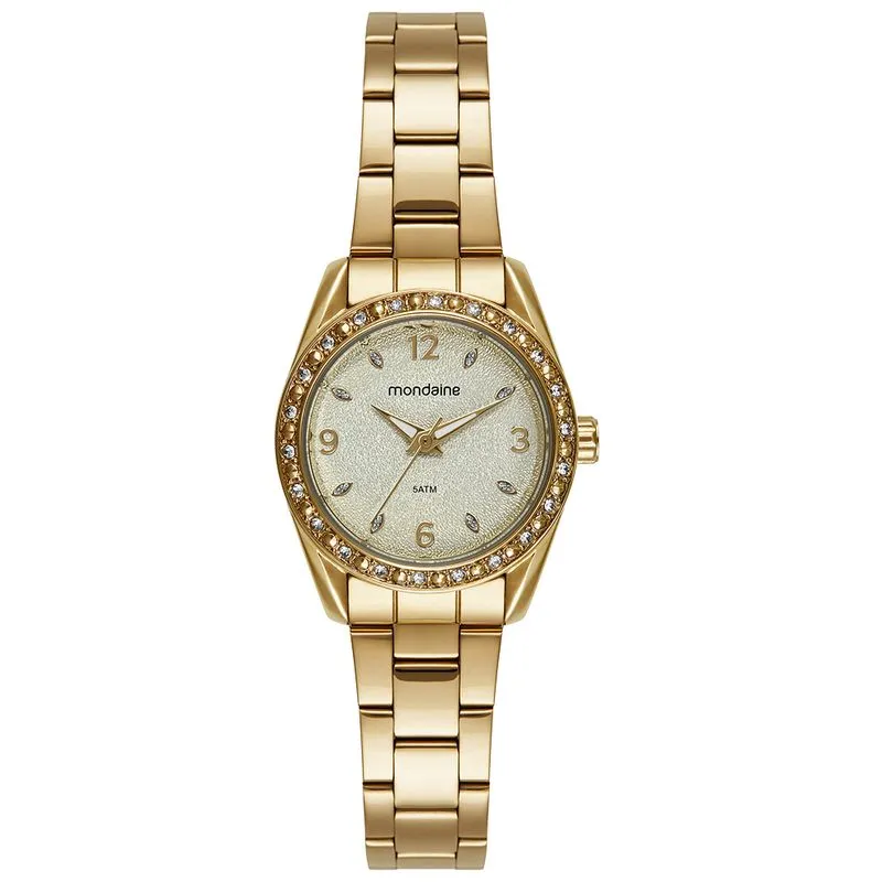 Relógio Feminino Dourado Mostrador Texturizado e Pedras