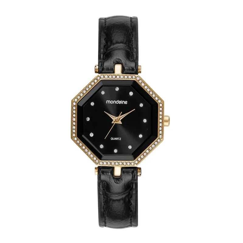 Relógio Feminino Mostrador Preto com Cristais Cravejados