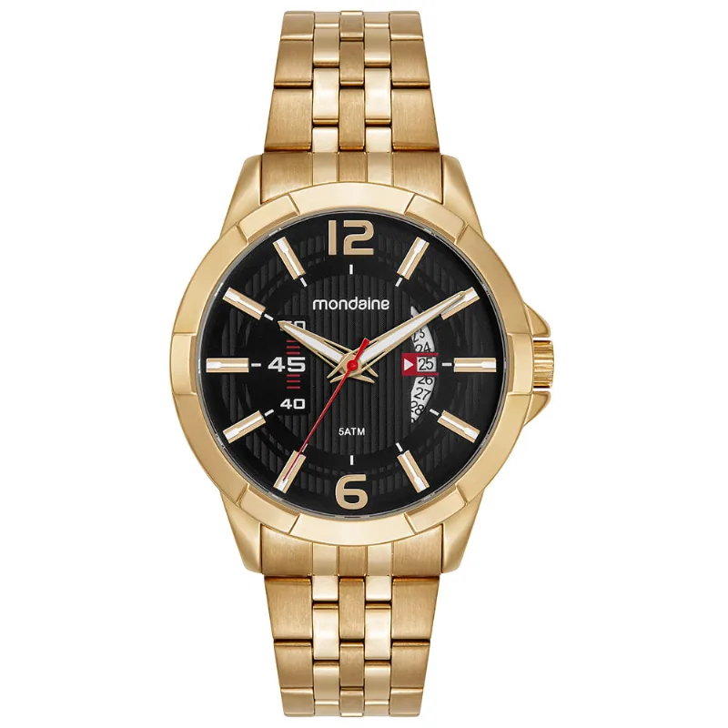 Relógio Masculino Dourado Calendário Mostrador Preto