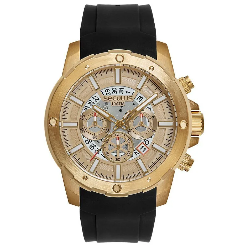 Relógio Masculino Aço Cronógrafo Dourado em Silicone com Cristal Mineral Séculus