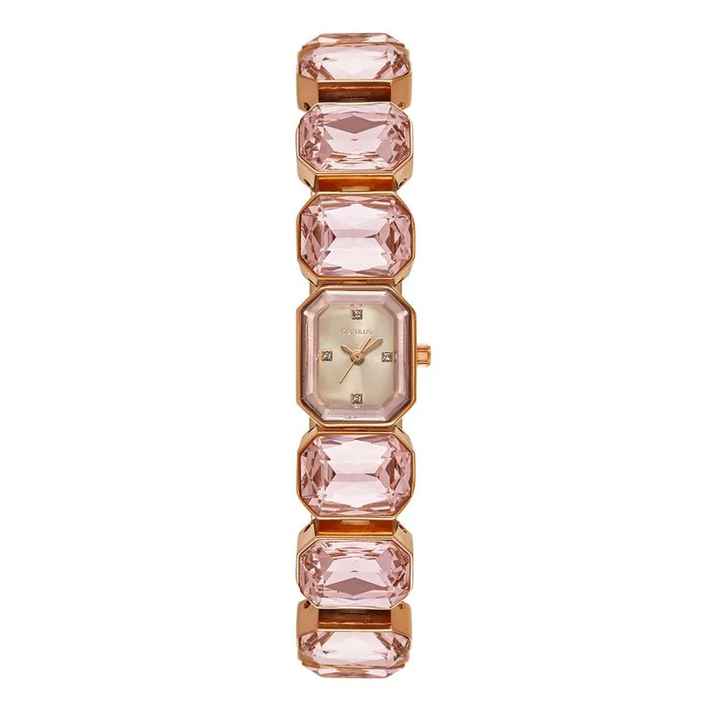 Relógio Feminino Pedras Facetadas Rosa