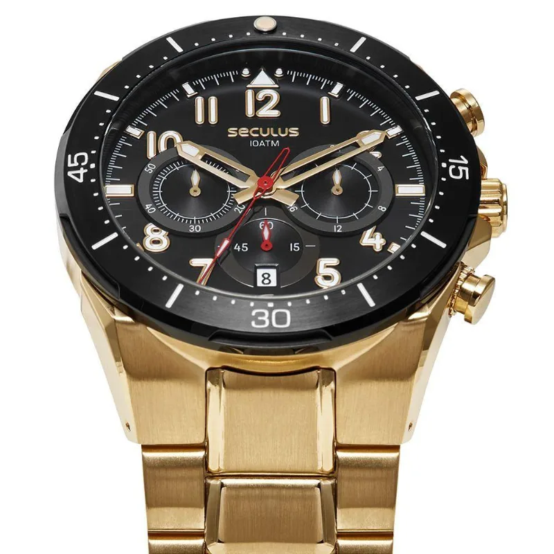 Relógio Masculino Cronógrafo em Aço Inox Mostrador Preto Dourado Séculus