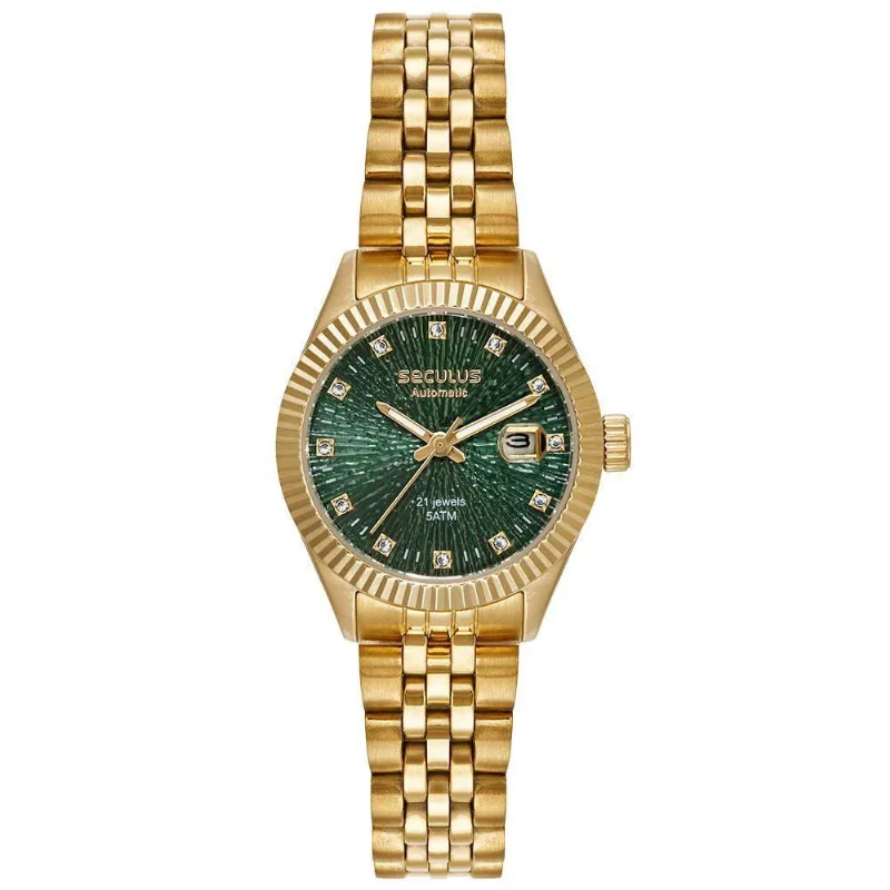 Relógio Feminino 6T15 Clássico Aço Inox Automático Visor Verde Dourado Séculus