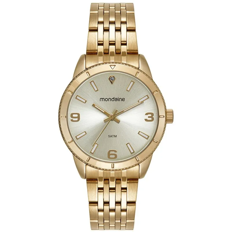 Relógio Feminino Dourado Caixa Serrilhada Estojo Mini Bolsa