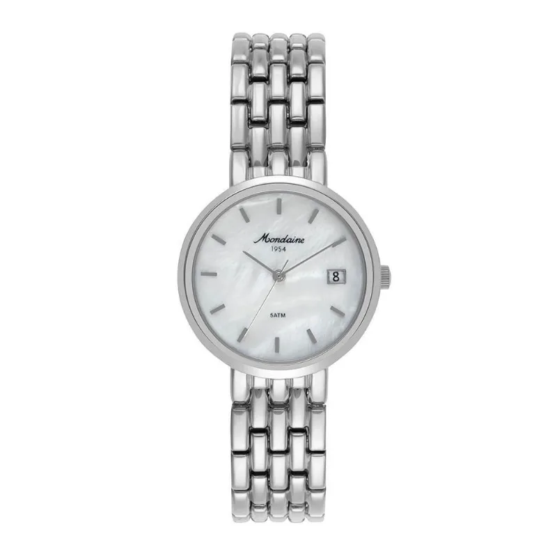 Relógio Feminino Mondaine Prata com Calendário Madreperola em Metal com Mostrador de Madrepérola