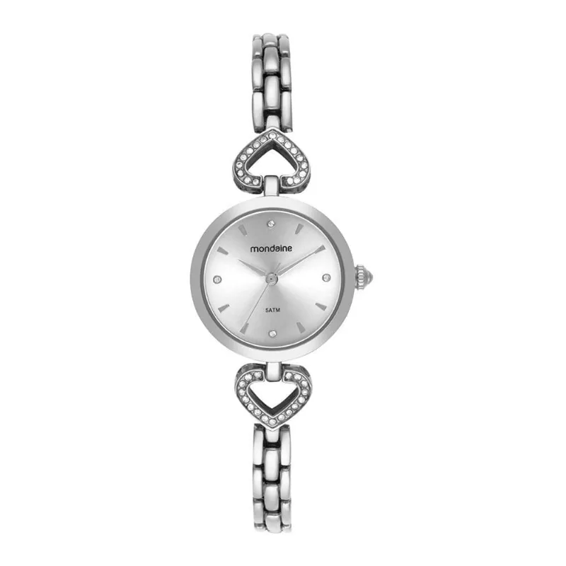 Relógio Feminino Clássico Pulseira Metal Coração Prata Mondaine 26MM