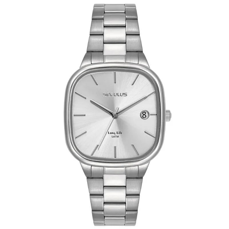 Relógio Masculino Quadrado Minimalista Analógico em Aço Inox Prata Séculus